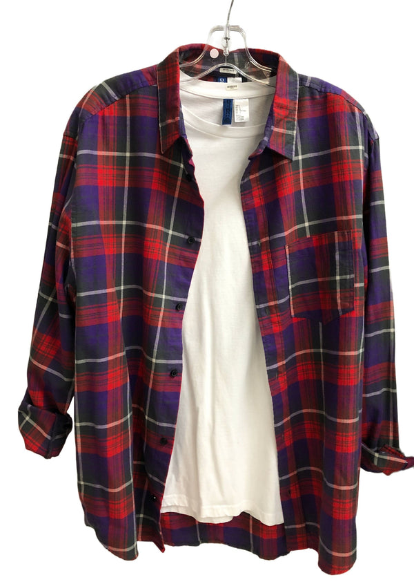 H&M red/purple/white plaid long sleeve casual shirt, L