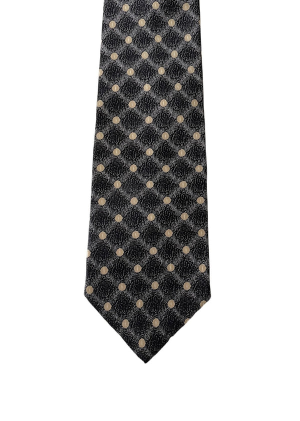 GEOFFREY BEENE VINTAGE black w/ beige circle print silk tie, 4”