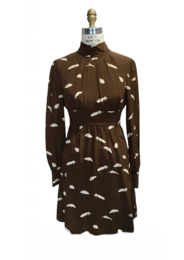 TIBI VINTAGE Women's brown silk w/ beige feather print high neck dress, 0
