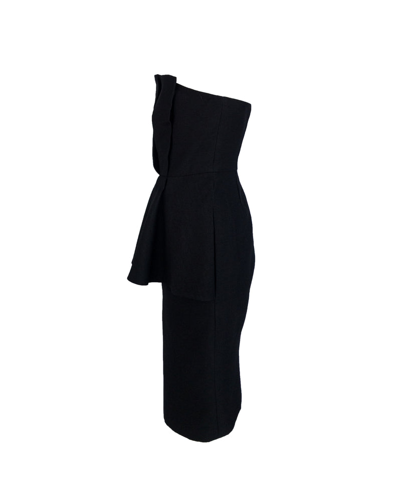 C/MEO Women's black matte slub woven strapless pleated peplum dress, XL