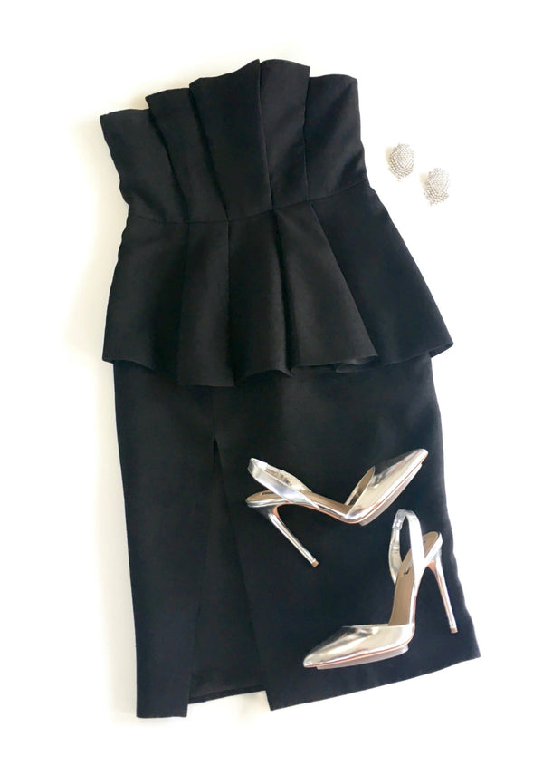 C/MEO Women's black matte slub woven strapless pleated peplum dress, XL