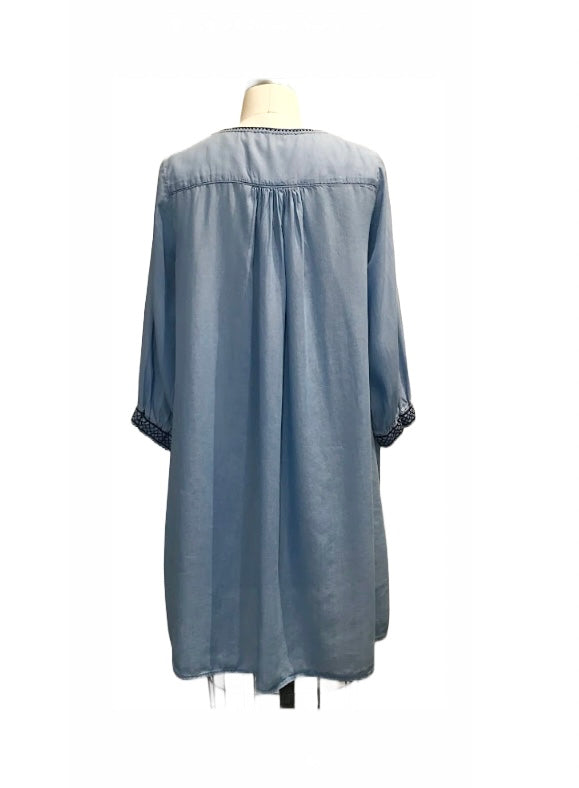 H&M Women's blue chambray Boho tunic dress with navy embroidery, 2