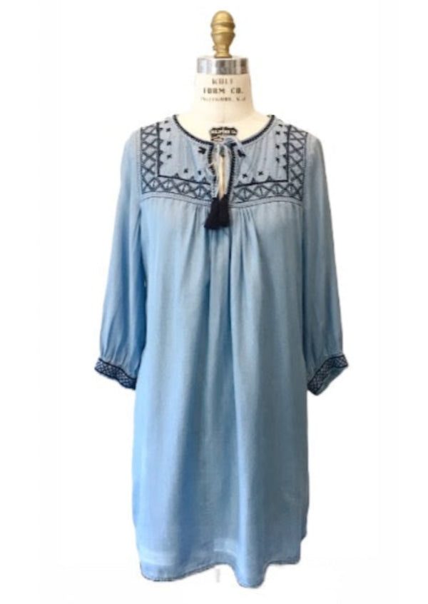 H&M Women's blue chambray Boho tunic dress with navy embroidery, 2
