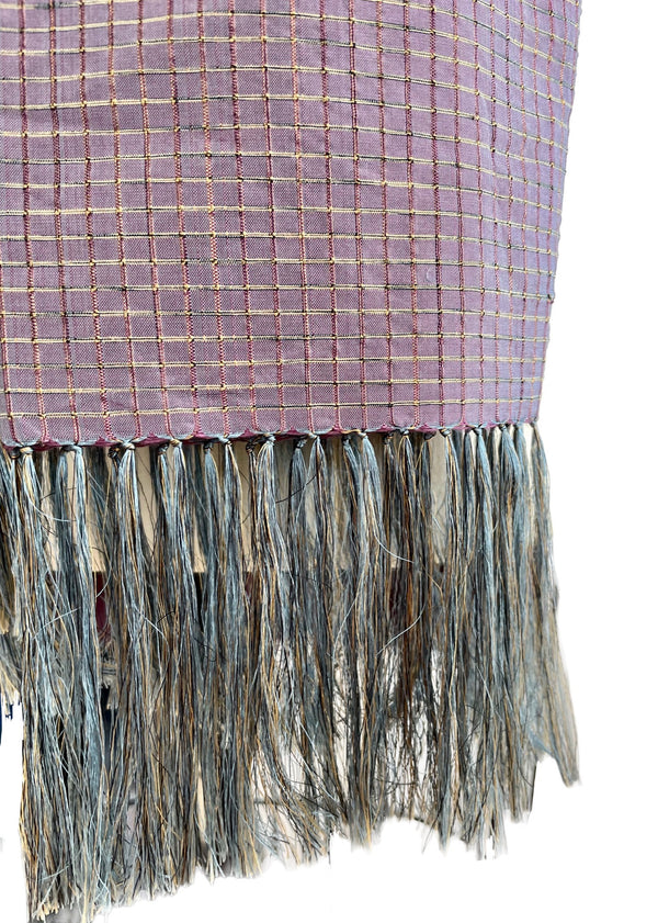 VINTAGE purple/blue shot silk check opera scarf with fringe, 24" x 74"