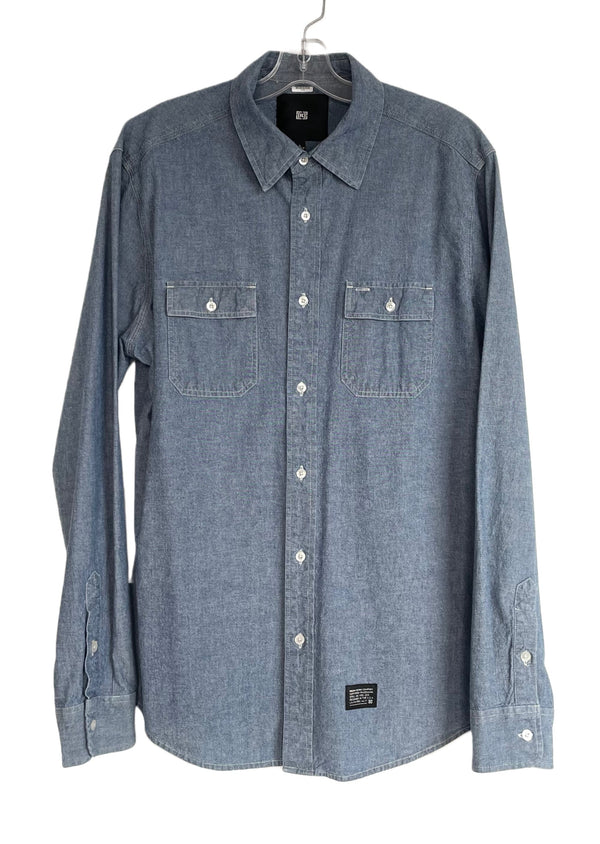 KR3W DENIM CO. blue chambray button up shirt w/ 2 front pockets, L