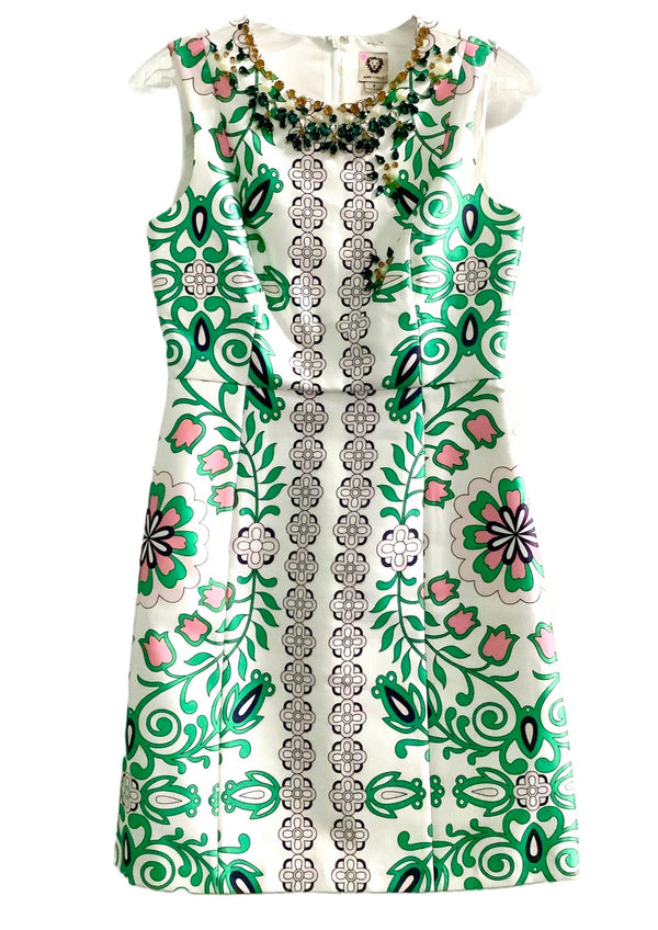 ANNE KAELLE white/green/pink jewelled neckline garden shift dress, 6