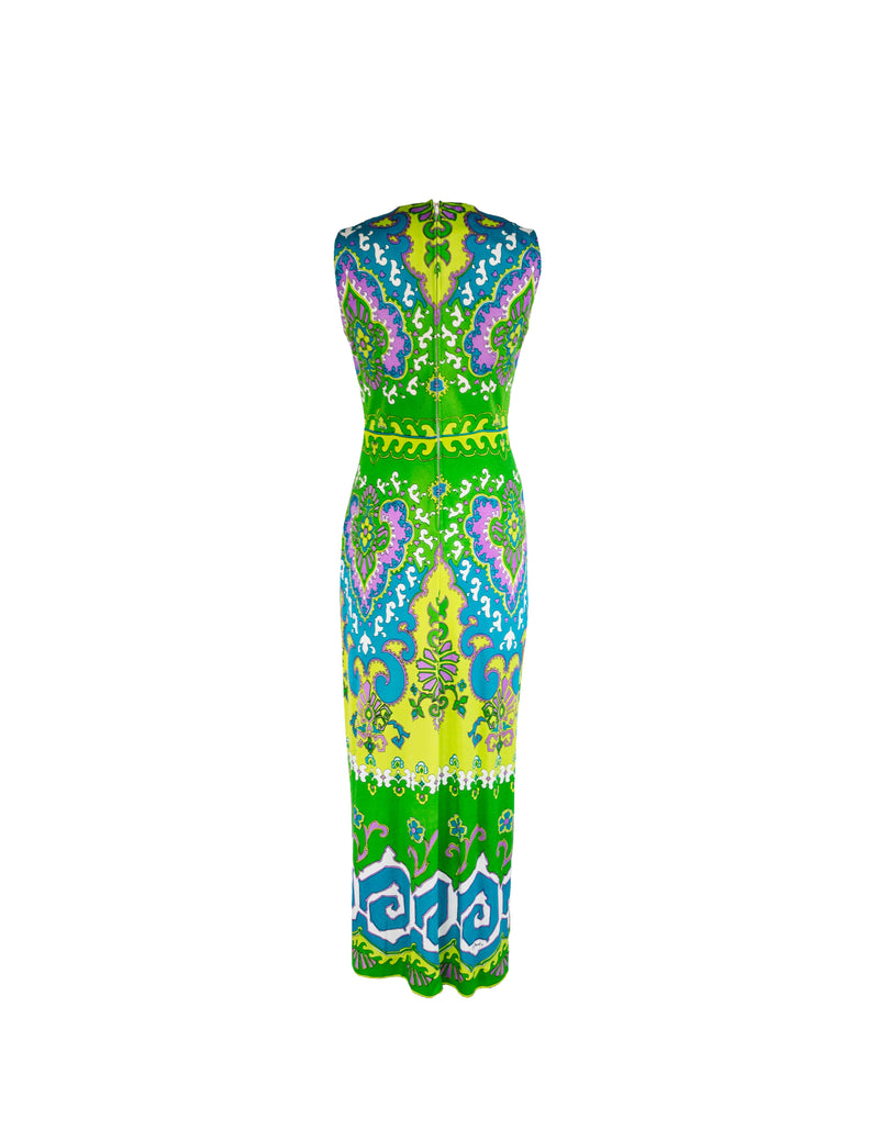 DON MANUEL OF MIAMI Vintage green/turquoise/purple paisley polyester knit sleeveless a-line gown, 10