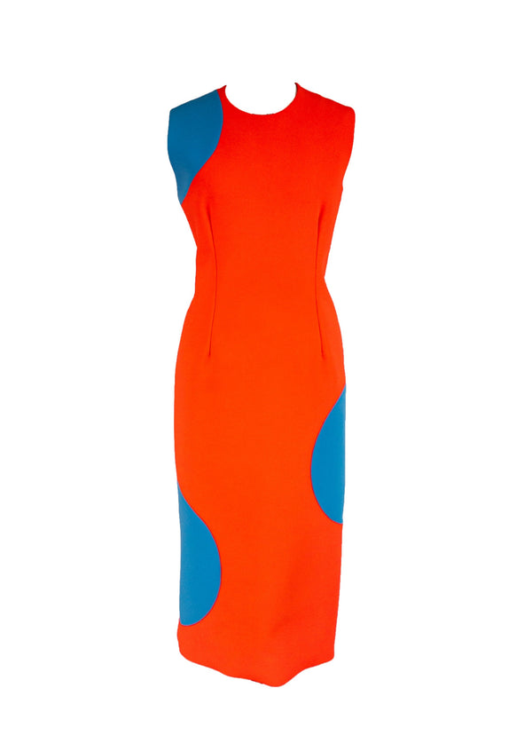 ROKSANDA Women's neon orange crepe w/ blue circles ‘Longuette Dress’109 sleeveless shift dress, 12