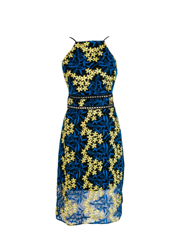 SAM EDELMAN blue & yellow floral embroidered sheath dress, 8