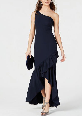 VINCE CAMUTO Women's navy one shoulder evening gown with ruffles, 12