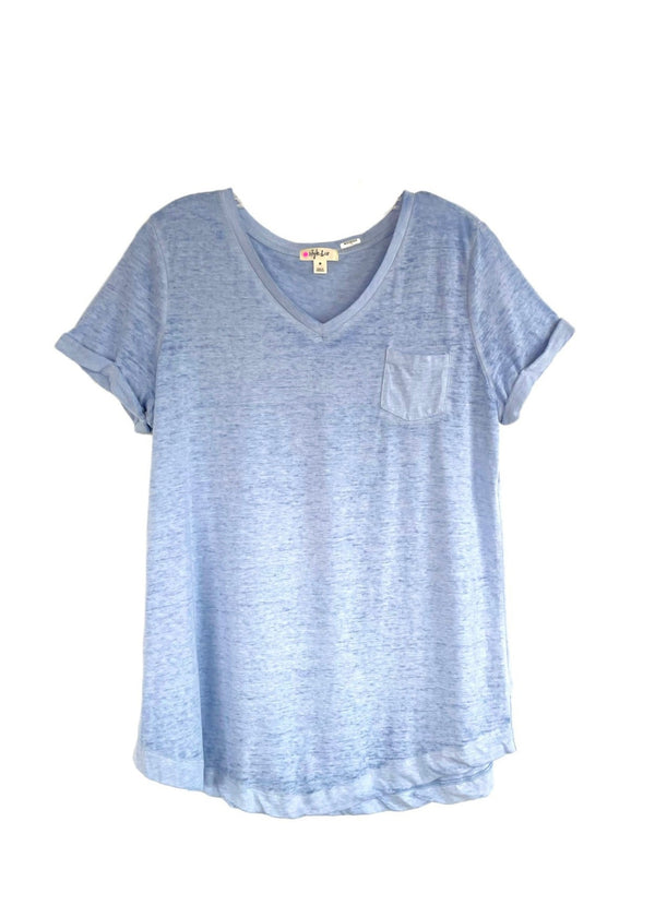 STYLE & CO Women's blue burnout short rolled sleeve v-neck tee w/ pocket, M