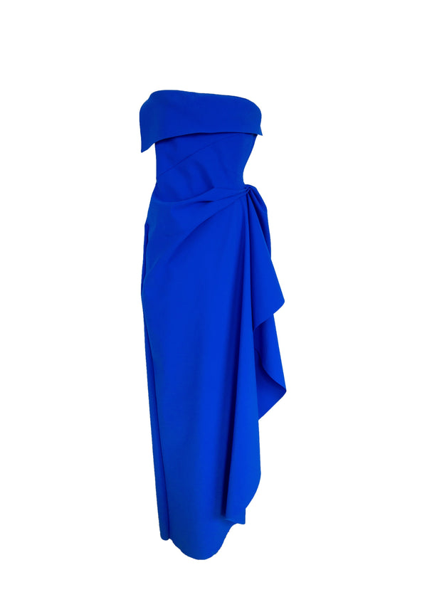 CHIARA BONI royal blue scuba strapless column gown w/ ruffle bodice, 12