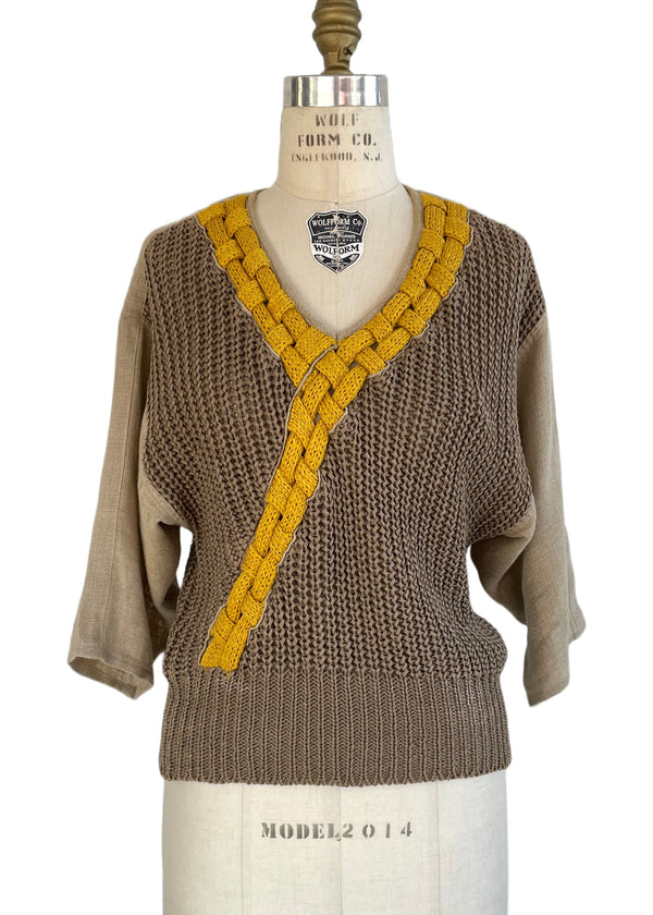 VINTAGE MOLGARI GHINEA 1980'S Women's natural cotton chunky knit top w/ yellow woven trim and short linen dolman sleeves,  S/M