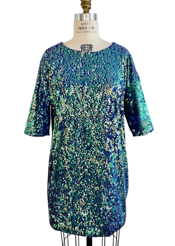 MOHITO Women's turquoise gold loose sequin shift dress, 8/10