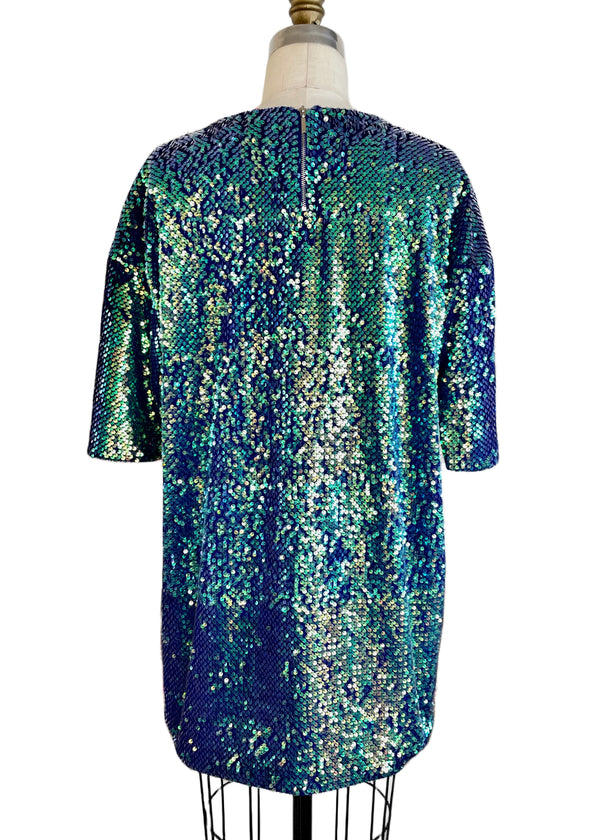 MOHITO Women's turquoise gold loose sequin shift dress, 8/10