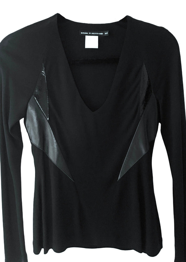 MISURA 90's Women's black v-neck double faced jersey top w/ leather & patent leather inserts, S