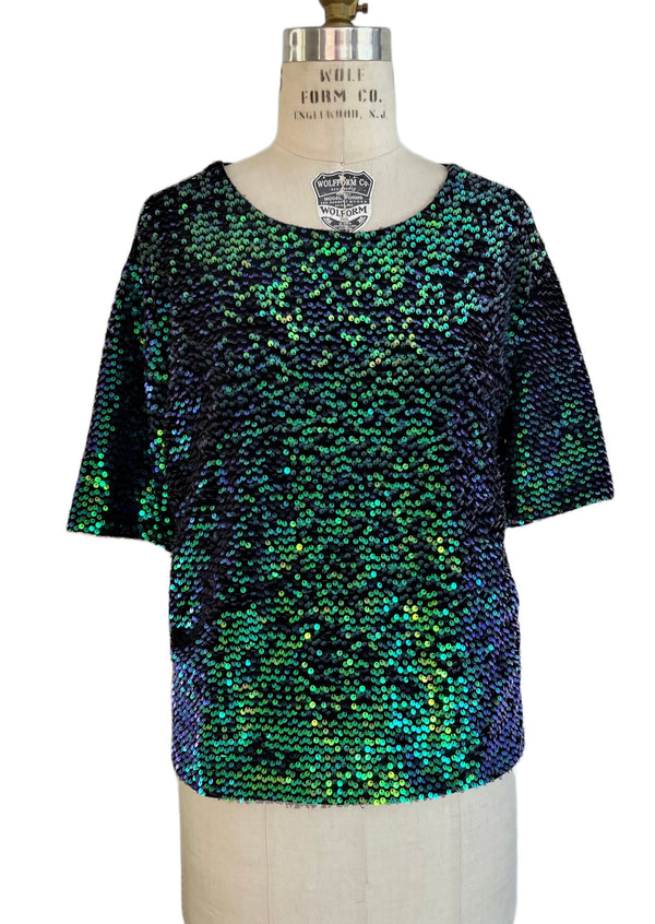 LUCY & CO. Women's turquoise (blue/green) sequin short sleeve top w/ sheer black mesh back, L