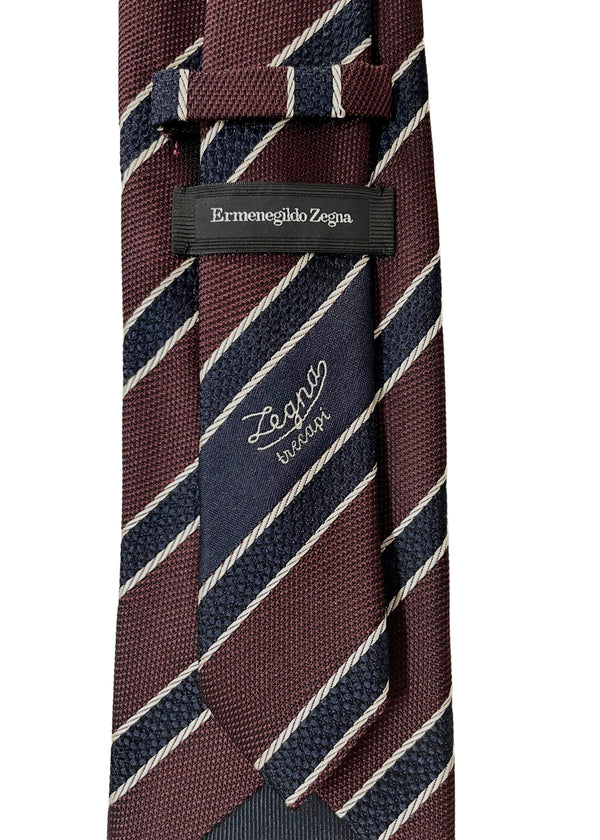 ERMENEGILDO ZEGNA burgundy w/ white/navy stripe silk tie