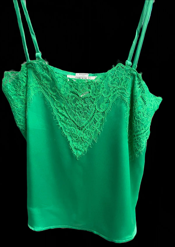 FOREVER 21 Women's green satin cami w/ lace, S