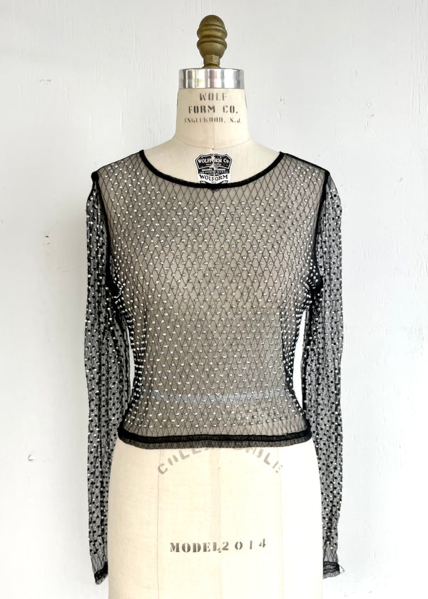 EVENING TOP Women's sheer black net silver rhinestone long sleeve top, NS