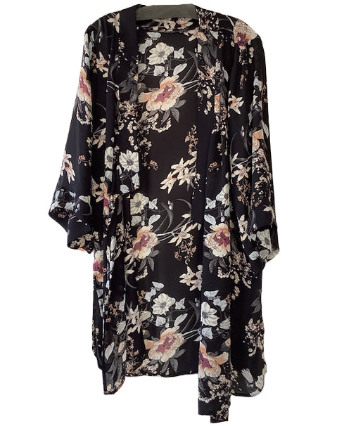 TAHARI women’s black chiffon floral kimono w/ 3/4 sleeve, L/XL