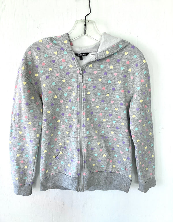 GEORGE Girls grey hoodie zip-up w/ pastel heart print, XL / 14