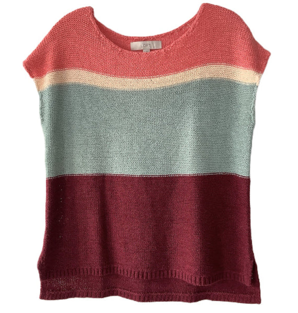 LOFT Women's coral/teal/cranberry colour block crochet knit boxy sleeveless top, S