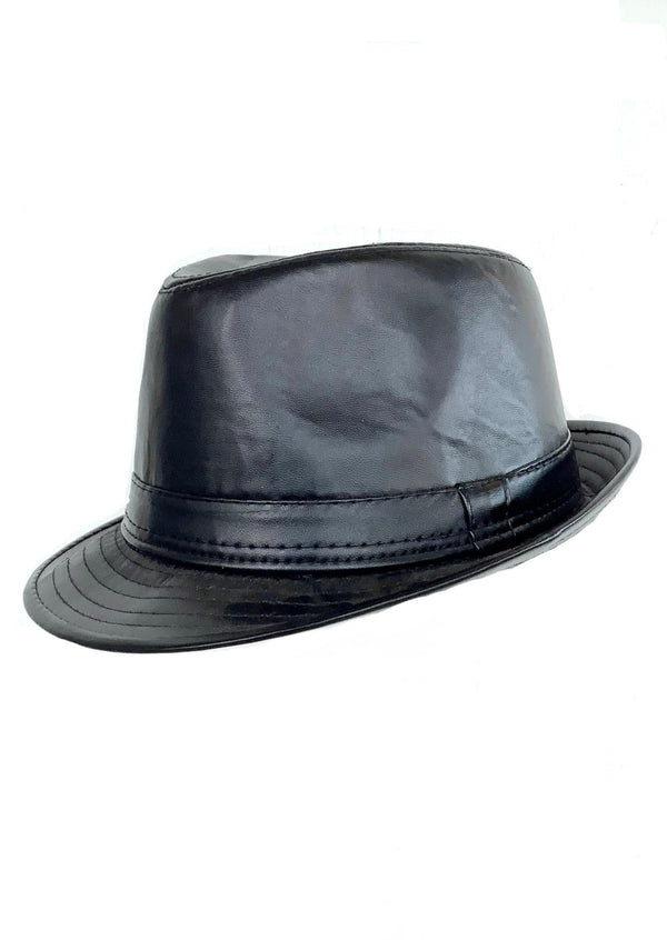 VINTAGE Men's black pleather fedora hat ,  7 1/8" / M