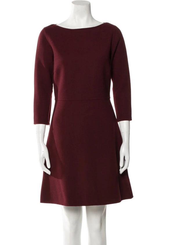 THEORY Women's burgundy stretch knit wool fit & flare dress w/ 3/4 sleeve, 4