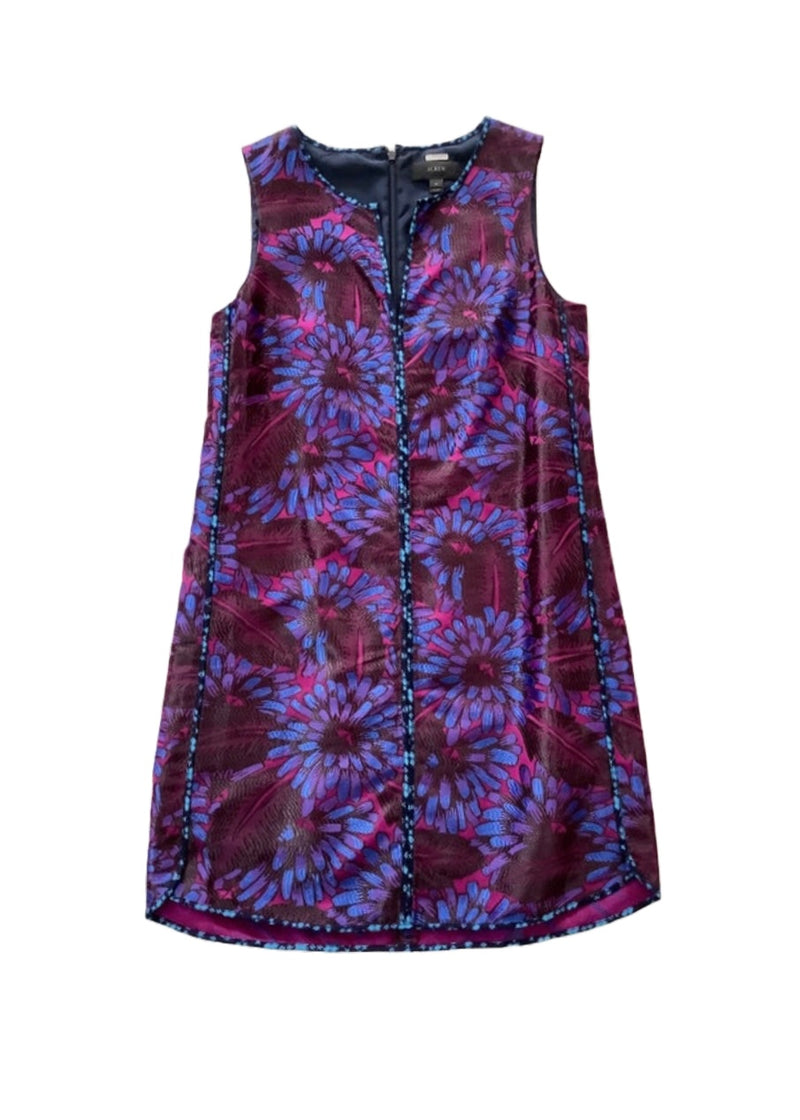 J.CREW Women's purple/dark pink/blue floral brocade sleeveless shift dress split neck, 4