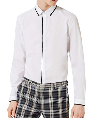 TOPMAN Mens white slim fit dress shirt w/ black satin trim on collar, buttoned placket, and cuffs, L
