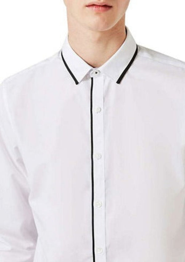 TOPMAN Mens white slim fit dress shirt w/ black satin trim on collar, buttoned placket, and cuffs, L