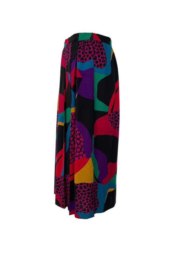JANET MAFFEI 80's Vintage Women's red/black/green/mustard/magenta/blue Viyella abstract print midi skirt, 10