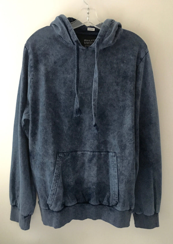 BRAVE SOUL Mens blue enzyme wash/distressed hoodie w/ kangaroo pocket, L