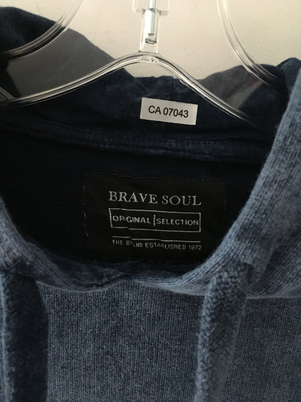 BRAVE SOUL Mens blue enzyme wash/distressed hoodie w/ kangaroo pocket, L