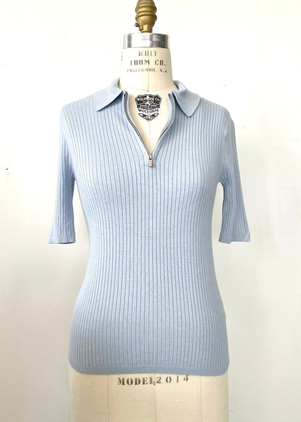 CONTEMPORAINE Women's pale blue rib viscose knit short sleeve polo top w/ zip, S