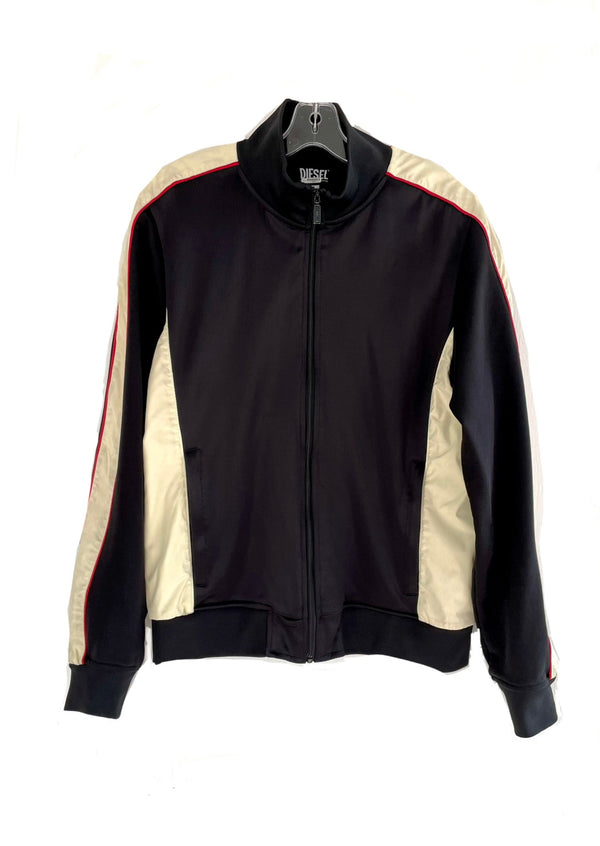 DIESEL Men's black nylon front & jersey back track jacket w/ beige trim and red piping, L