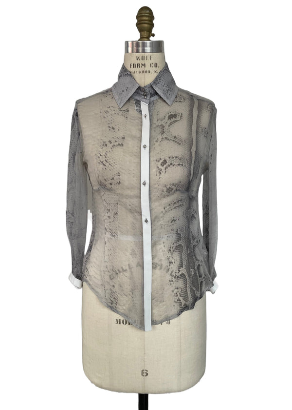 CAVALLI Women's grey silk chiffon snakeskin print blouse w/ white leather trim, 4