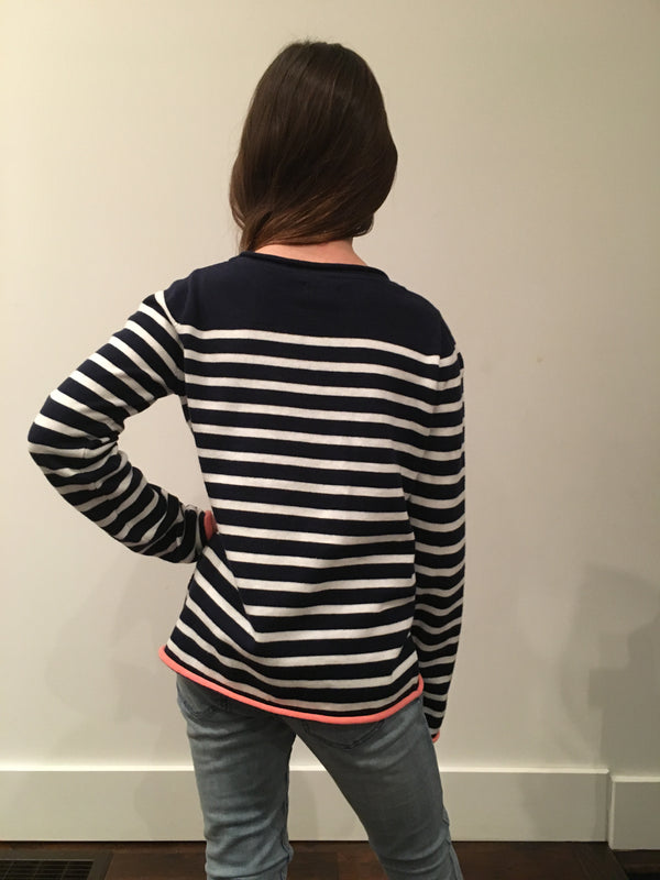 JOE FRESH Girls navy & white cotton striped  pullover sweater w/ coral trim, M 7/8