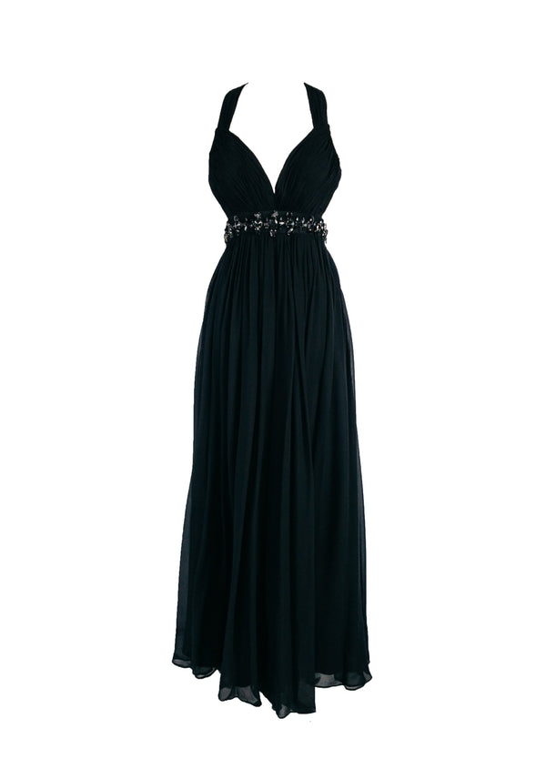 NARCES black silk chiffon plunging halter gown with jewelled waist, 4