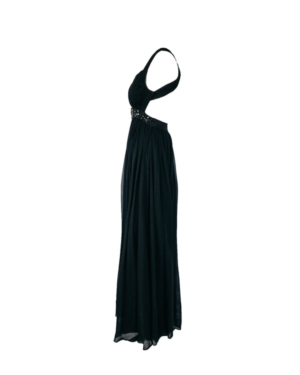 NARCES black silk chiffon plunging halter gown with jewelled waist, 4