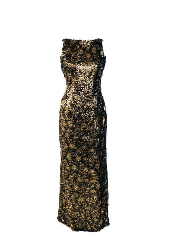 COPIOUS Women’s gold & black sequin gown with cowl back, 4