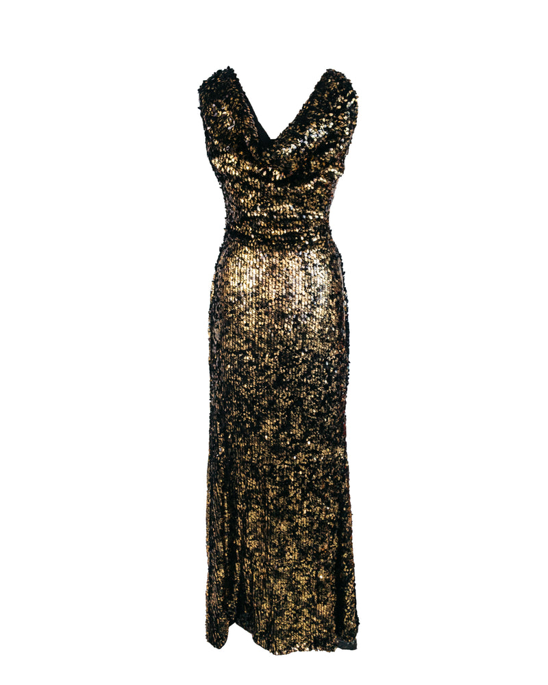 COPIOUS Women’s gold & black sequin gown with cowl back, 4