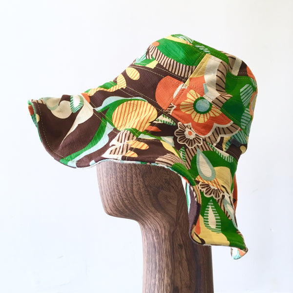DE LUX floral kelly green/orange/yellow/brown cotton summer hat