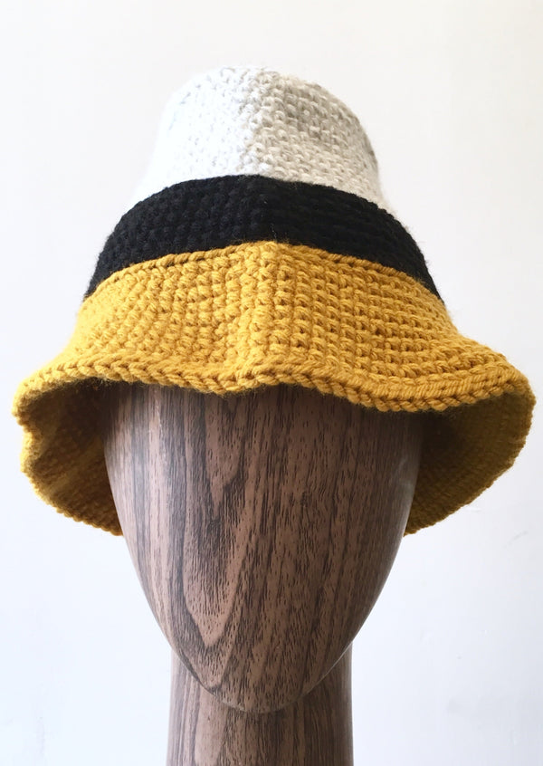 HAT Unisex yellow / black / grey hand knit bucket hat, NS