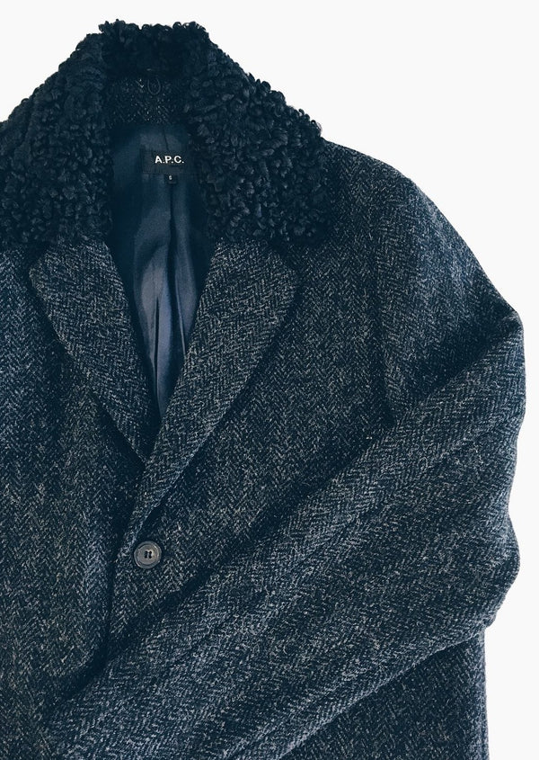 APC Mens charcoal grey herringbone top coat with removable fur collar, S