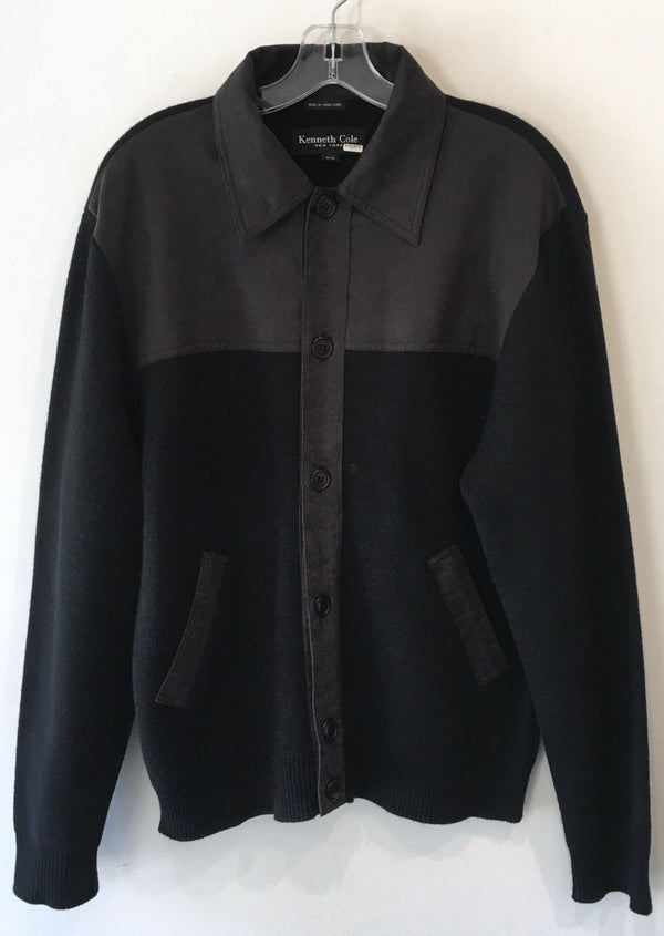 KENNETH COLE Mens black wool knit w/ faux suede yoke button front jacket , M