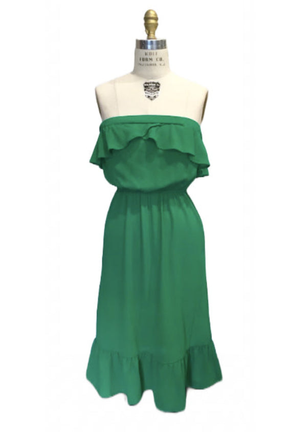 MONTEAU Women's green crepe strapless midi dress w/ ruffles, M