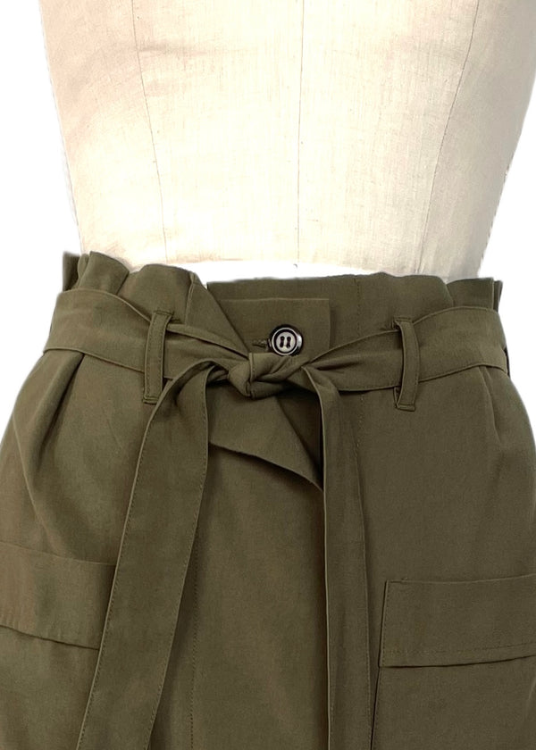 PREMISE Women's olive viscose twill paper bag skirt w/ patch pockets & self sash, S