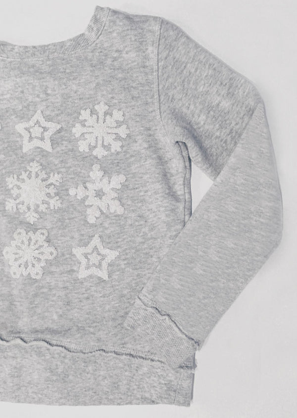H&M Girls light grey crewneck sweatshirt w/ iridescent sparkle snowflakes, 10/12